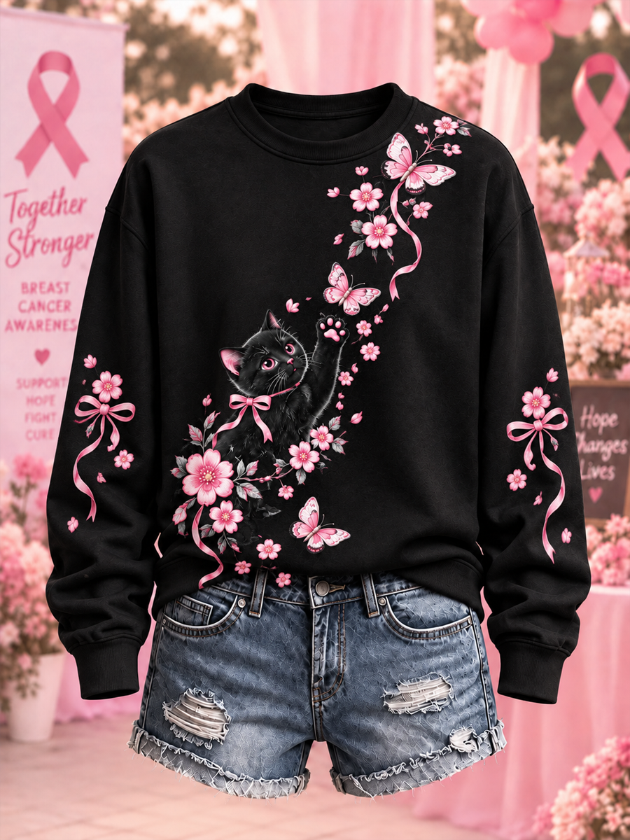 Sort og pink regular sweatshirt til kvinder med katte- og blomsterprint