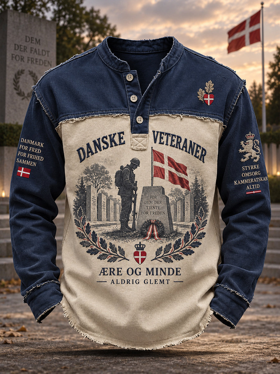 Herretrøje med lange ærmer og patriotisk veteranmotiv