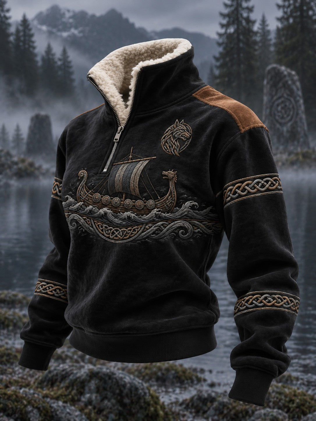 Viking-printet damebluse med pelskrave