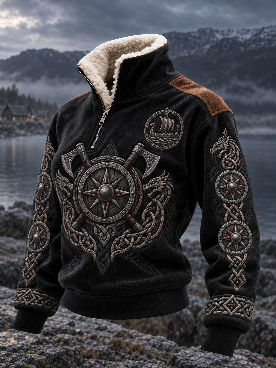 Viking-printet damebluse med pelskrave