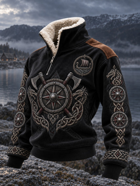 Viking-printet damebluse med pelskrave
