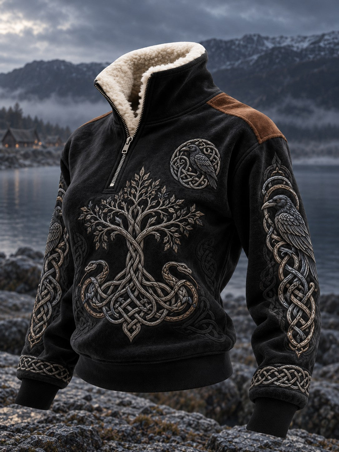 Viking-printet damebluse med pelskrave