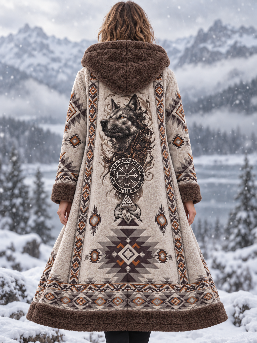 Kvinders vintage vikingulvehoved aztekisk tyk flanelljakke