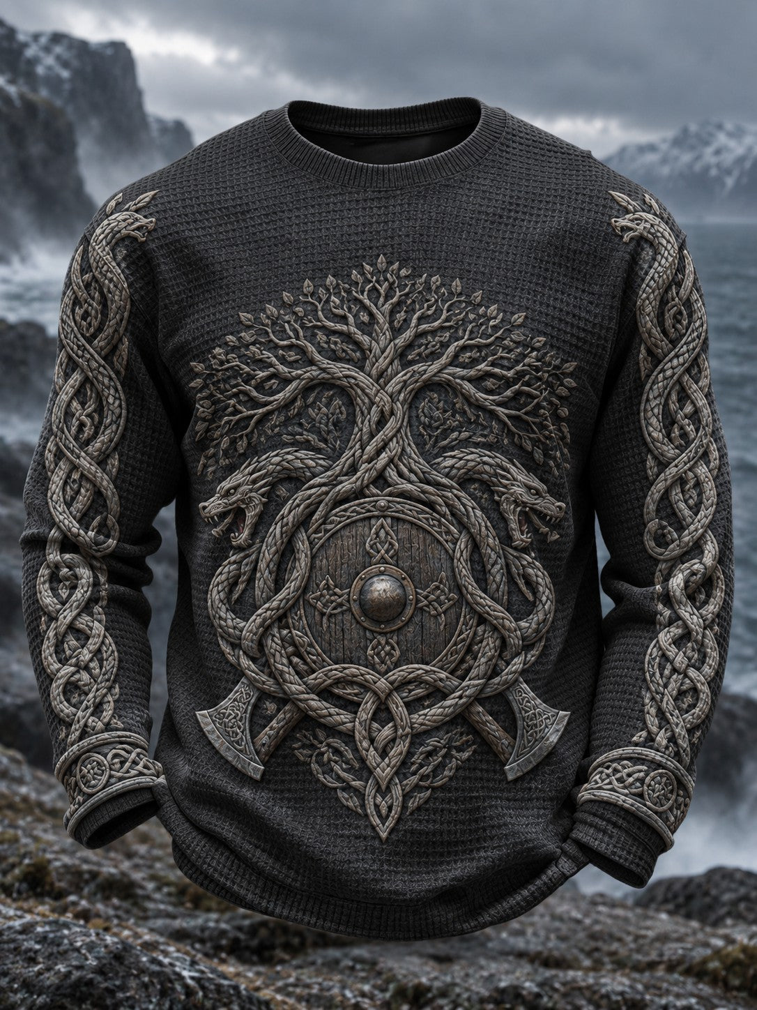 Herre Viking-printet vaffelstruktureret langærmet T-shirt