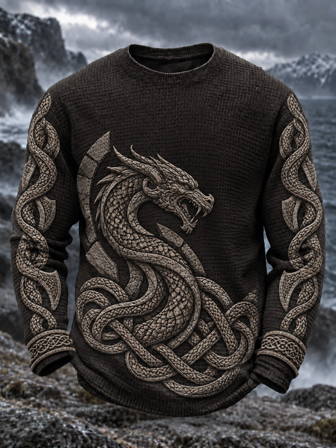 Herre Viking-printet vaffelstruktureret langærmet T-shirt