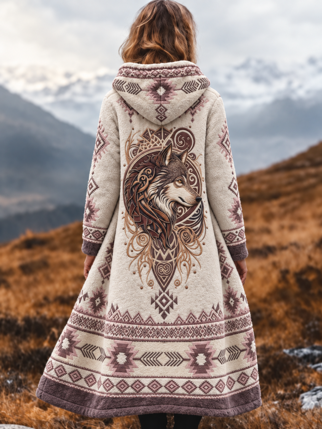 Kvinders vintage vikingulvehoved aztekisk tyk flanelljakke