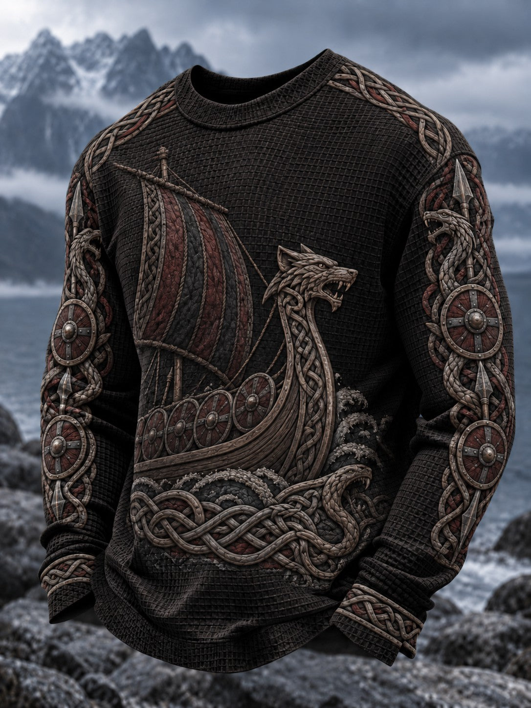 Herre Viking-printet vaffelstruktureret langærmet T-shirt