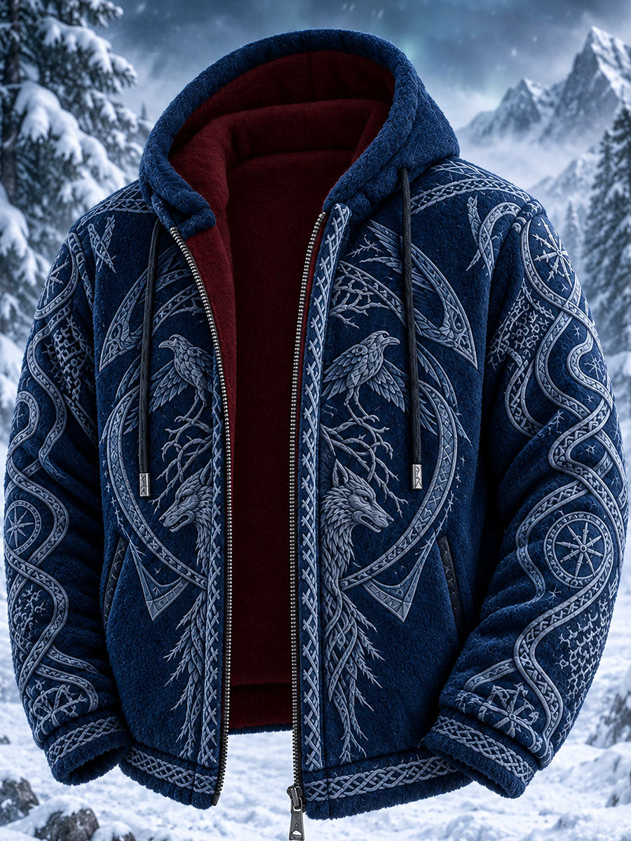 Mænds Retro Viking Wolf Totem Celtic Style Flannel varm hættefuld sweatshirt