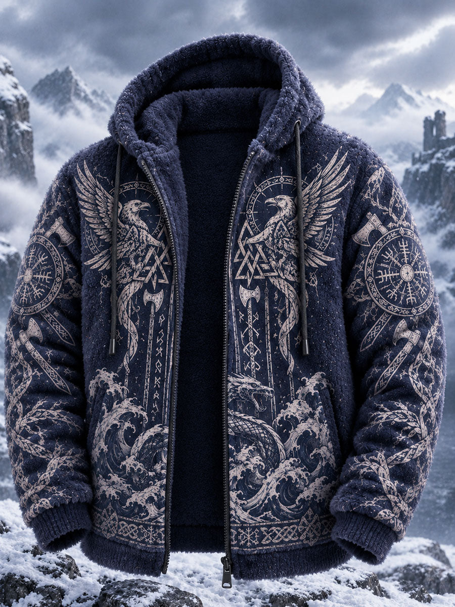 Mænds retro vikingulv-totem flannel-hættetrøje i keltisk stil, varm med hætte