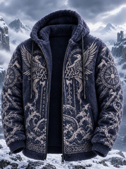 Mænds retro vikingulv-totem flannel-hættetrøje i keltisk stil, varm med hætte