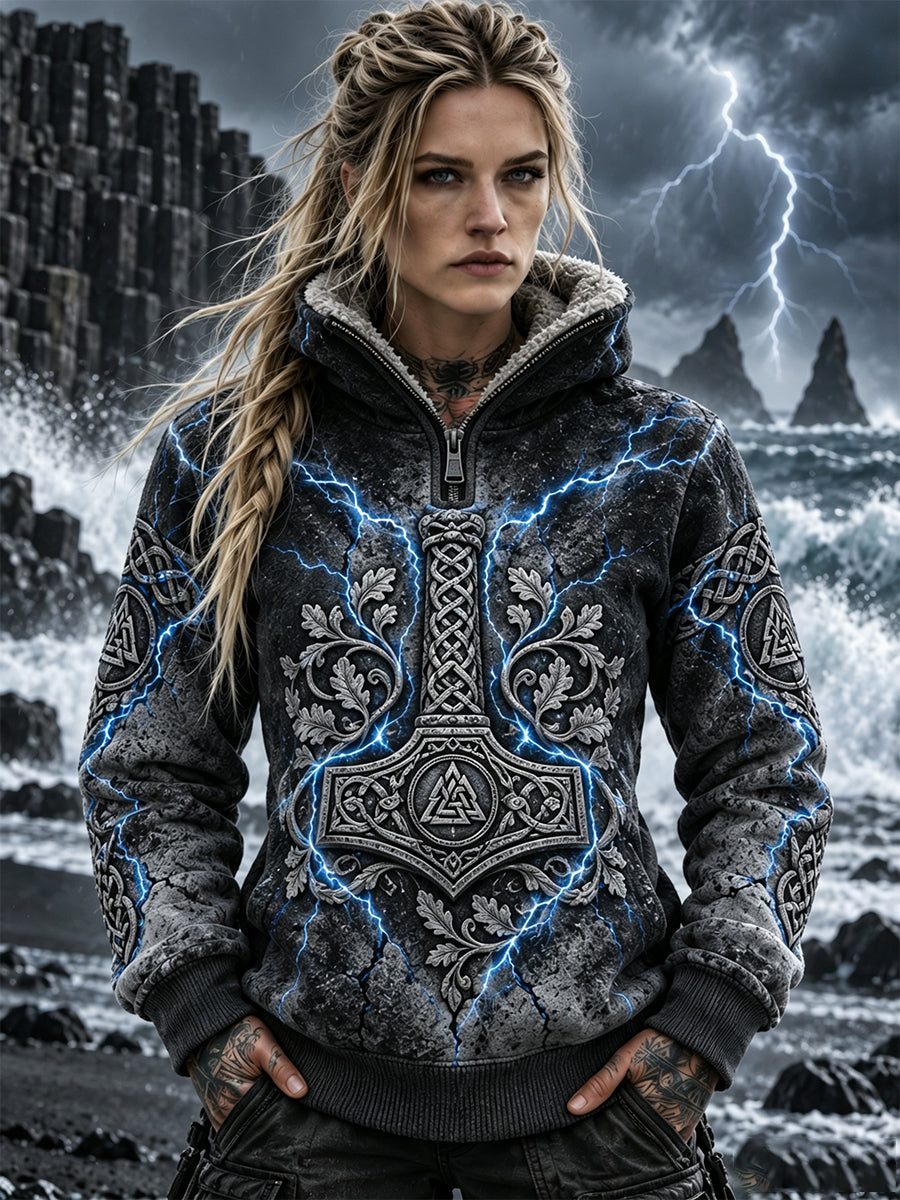 Kvinders Retro Nordic Viking Fleece-Lined lynlås Sweatshirt