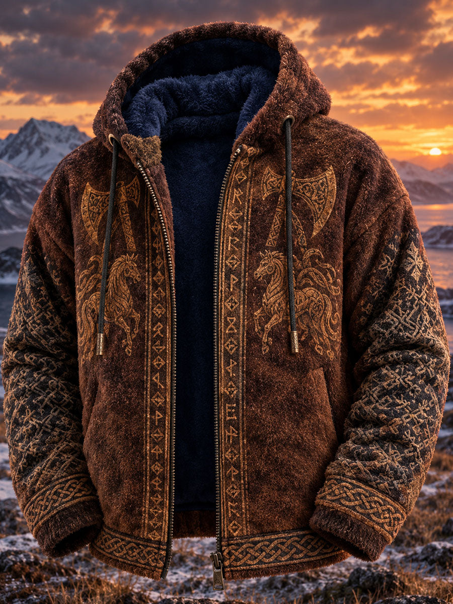 Mænds retro vikingulv-totem flannel-hættetrøje i keltisk stil, varm med hætte