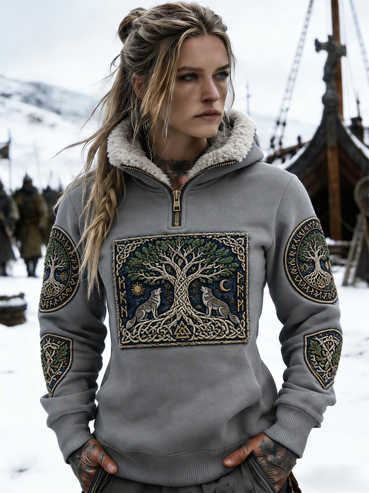 Dame retro nordisk viking-sweatshirt med fleecefor og lynlås