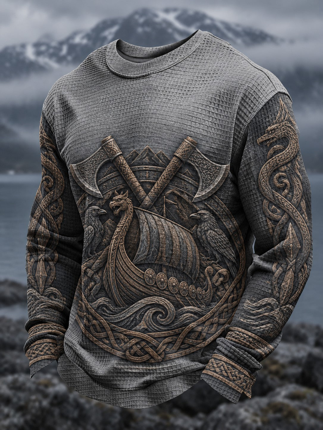 Herre Viking-printet vaffelstruktureret langærmet T-shirt