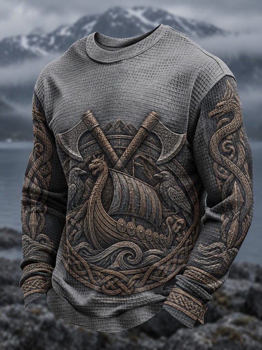 Herre Viking-printet vaffelstruktureret langærmet T-shirt