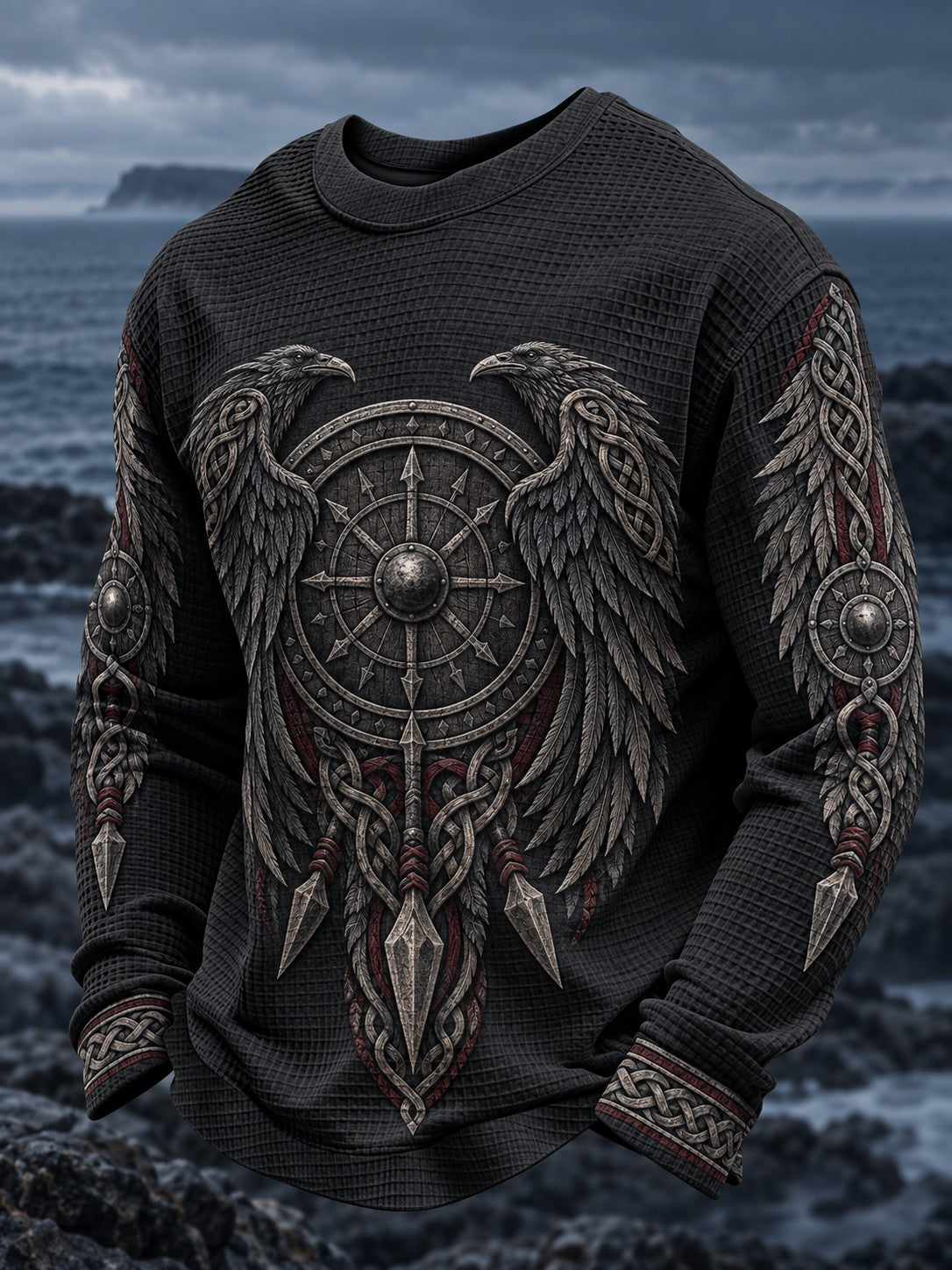 Herre Viking-printet vaffelstruktureret langærmet T-shirt
