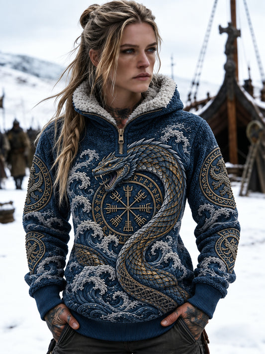 Dame retro nordisk viking-sweatshirt med fleecefor og lynlås