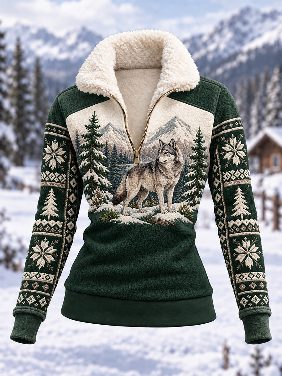 Kvinders vinter Wolf Print Casual Composite Fleece Hoodie Hoodies