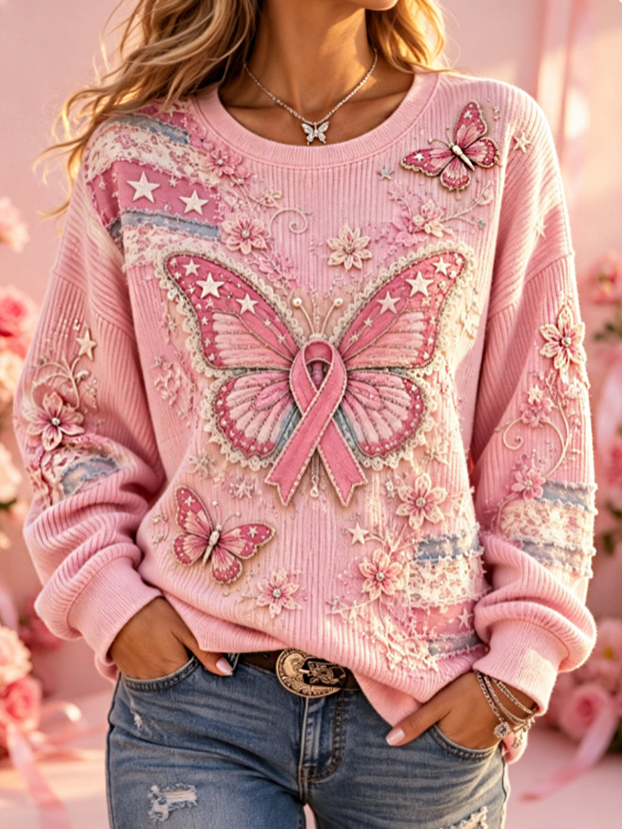 Kvinders brystkræft bevidsthed blomster broderi kunst Ribbed Round-hals sweatshirt