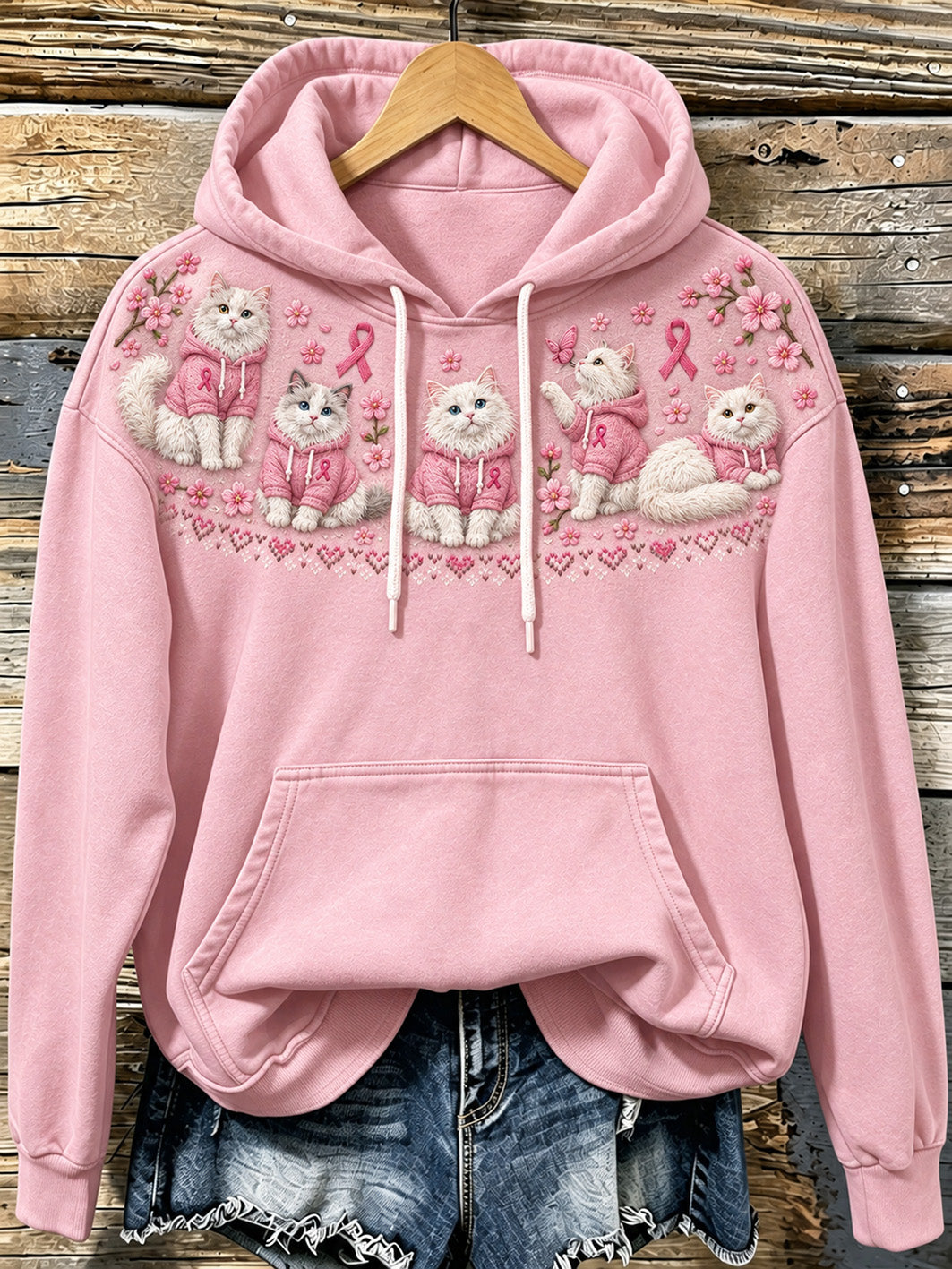 Kvindehoodie med kattemotiv og lyserødt velgørenhedsbånd, afslappet stil