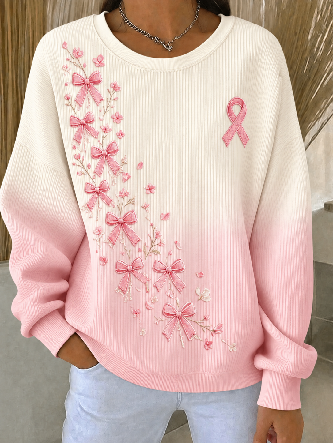 Kvinders brystkræft ribbet rundhals-sweatshirt