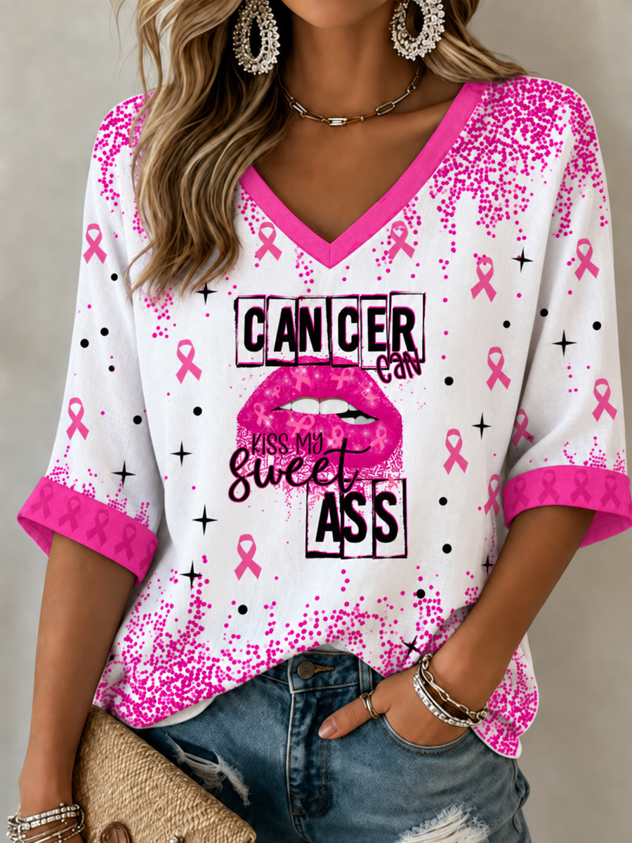 Kvinders brystkræft Bevidsthed Pink Ribbon Support Midt-længde ærmer V-hals T-shirt