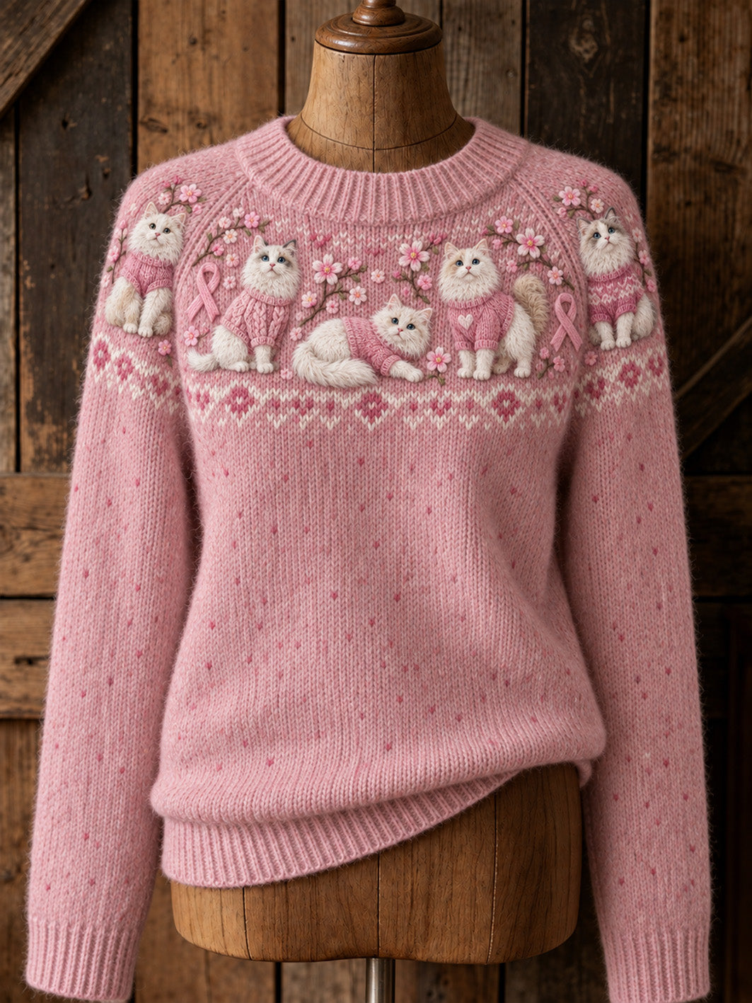 Kvinders kat mønster og lyserød velgørenhed bånd design Casual Raglan ærme Sweaterer
