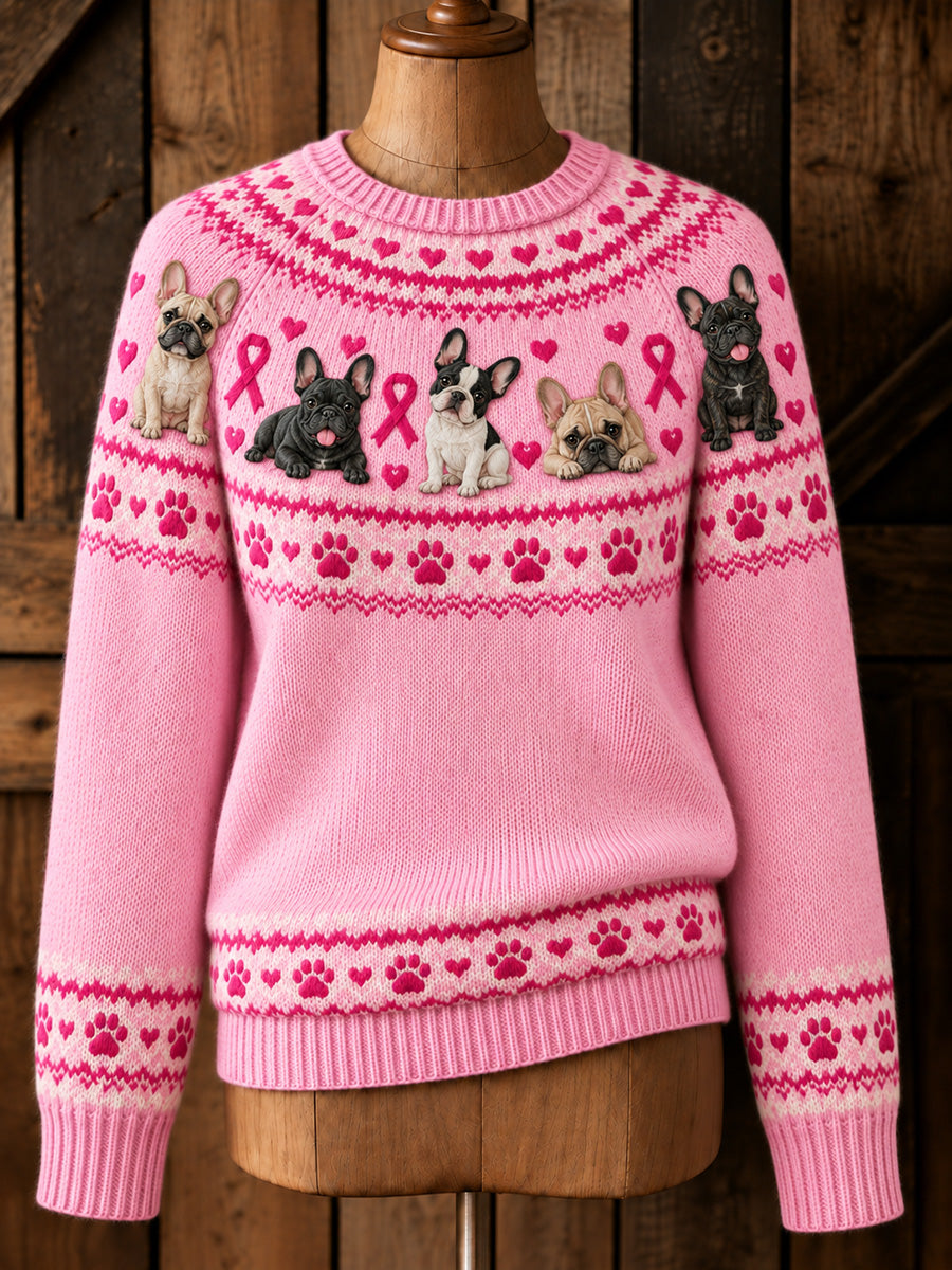 Kvinders Vintage Pink Ribbon Fransk Bulldog Yoke Isle Print Langærmet Sweater Print