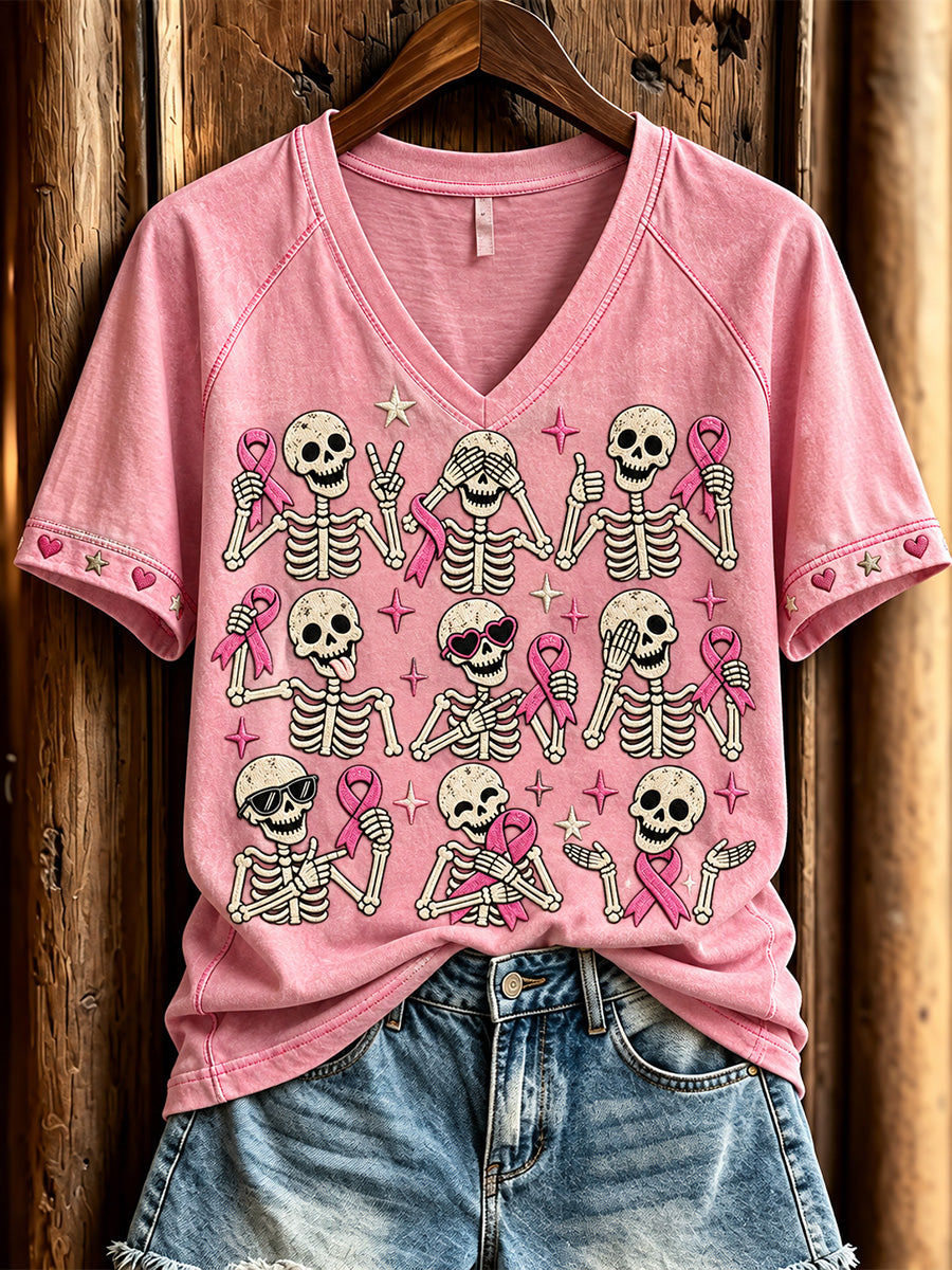 Kvinder Pink Ribbon Skelet Print V-hals Kortærmet T-shirt