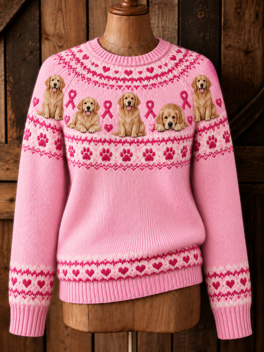 Kvinders vintage lyserød bånd golden retriever yoke Isle-print langærmet sweater