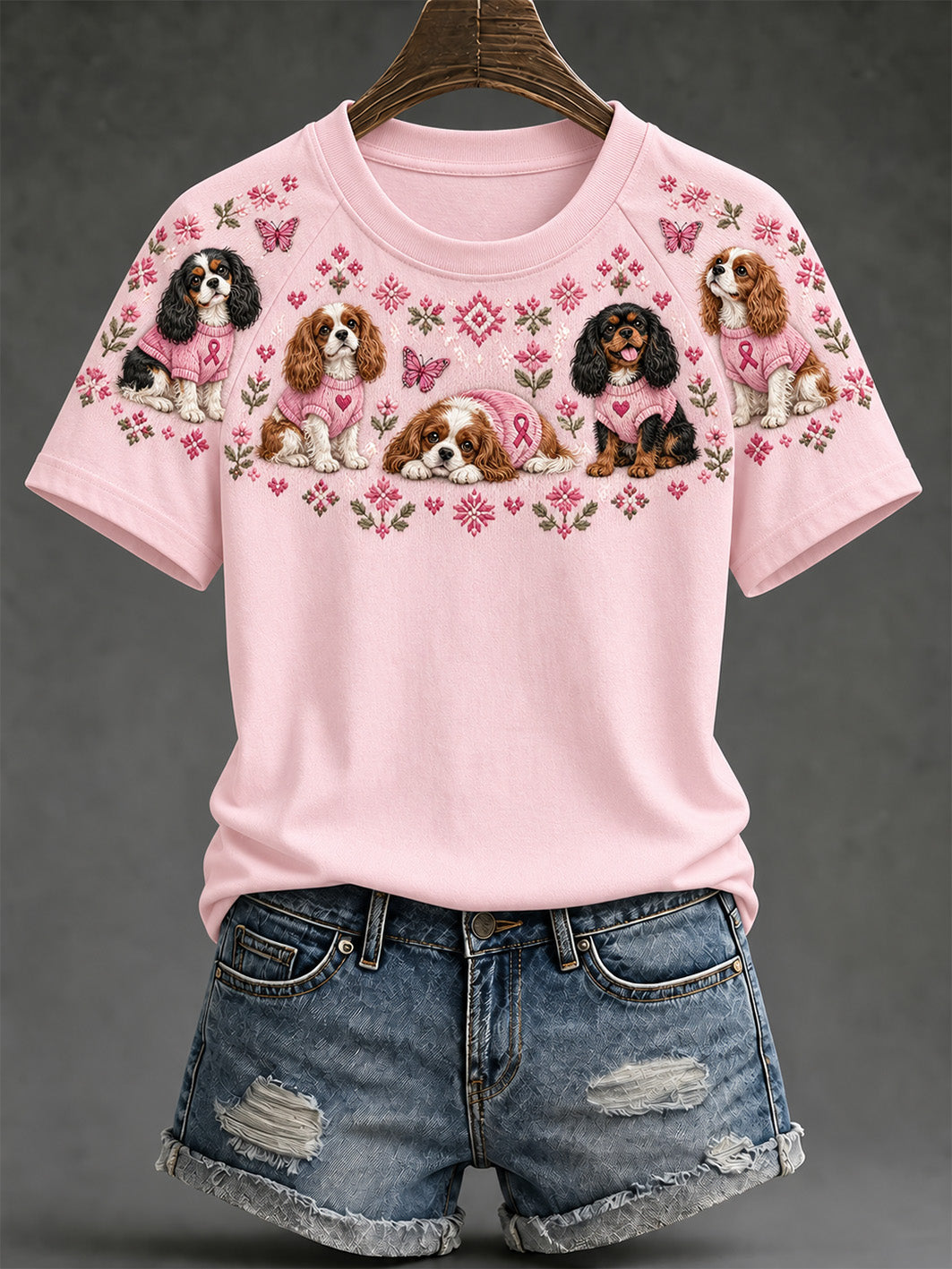 Kvinders hund Mønster og lyserøde Charity Ribbon Design Casual Short ærme T-shirt