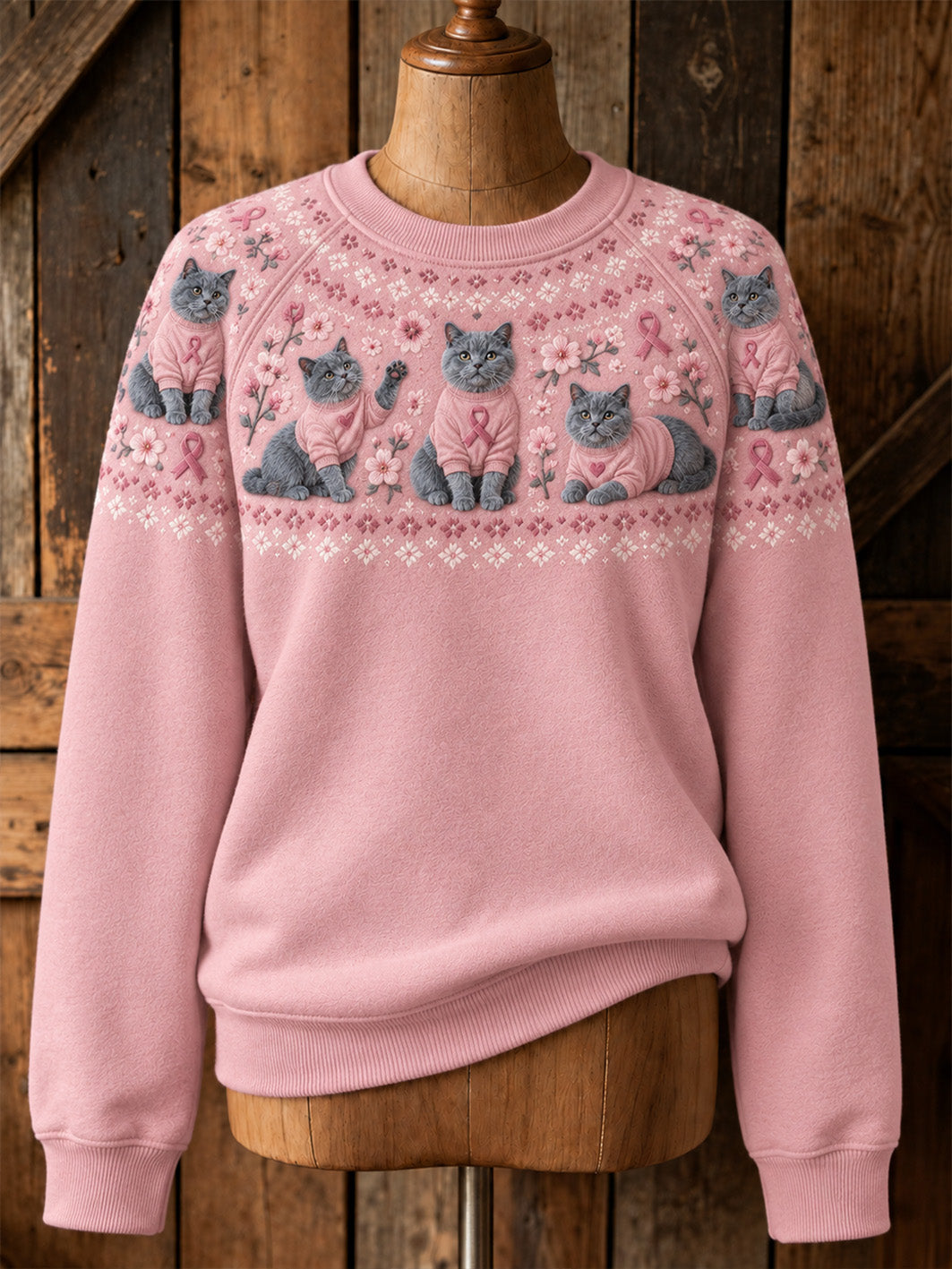 Kvinder kat mønster og lyserød velgørenhed Bånd Design Casual Raglan Sweatshirt