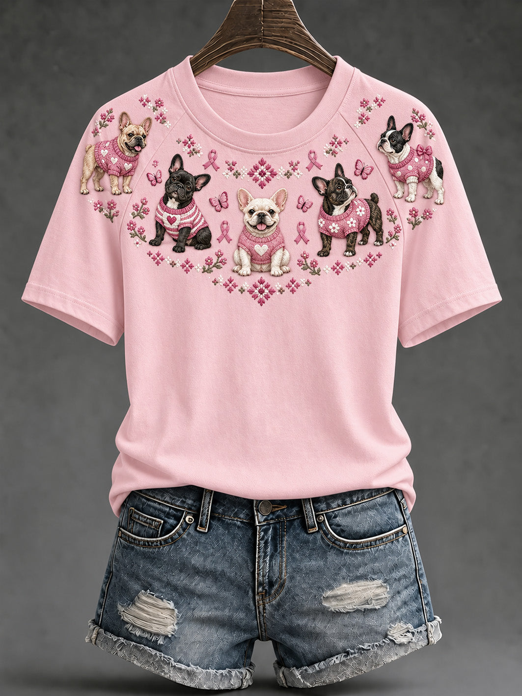 Kvinders hund mønster og lyserød velgørenhed bånd design Casual Short Sleeve T-shirt