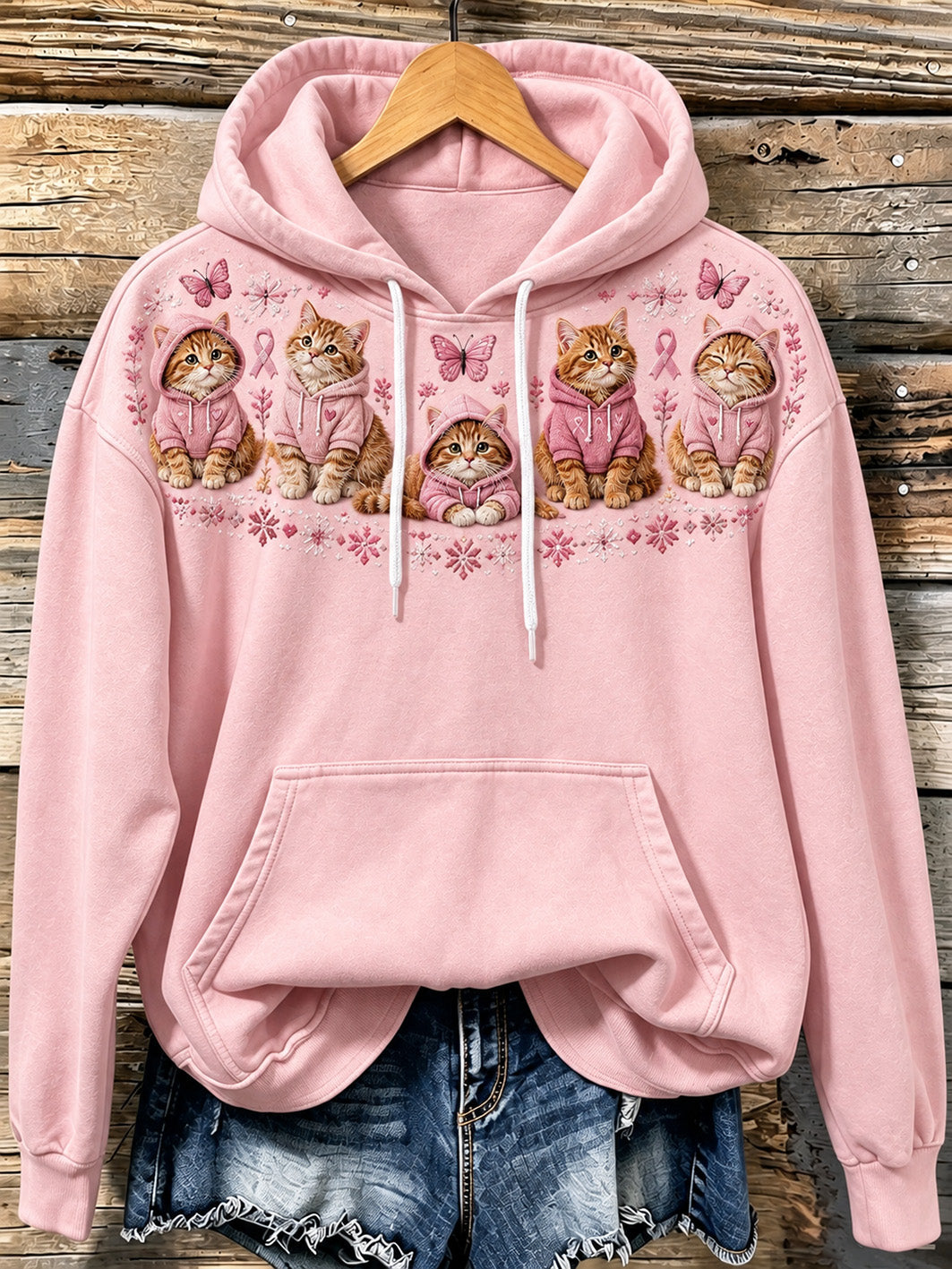 Kvindehoodie med kattemotiv og lyserødt velgørenhedsbånd, afslappet stil