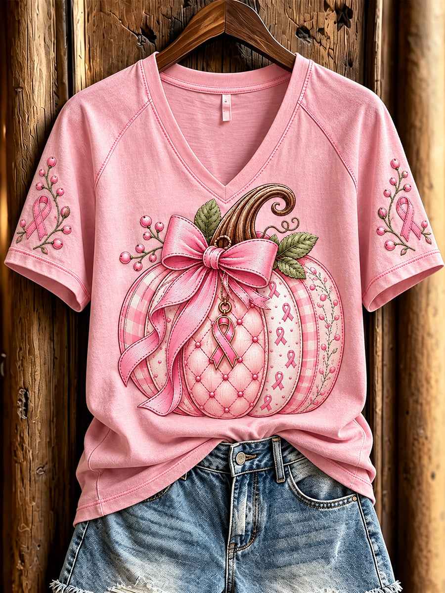 Kvinder Pink Ribbon Græskar Print V-hals Kortærmet T-shirt