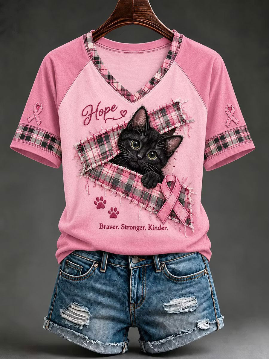 Kvinder brystkræft opmærksomhed Black Cat Print V-hals T-shirt