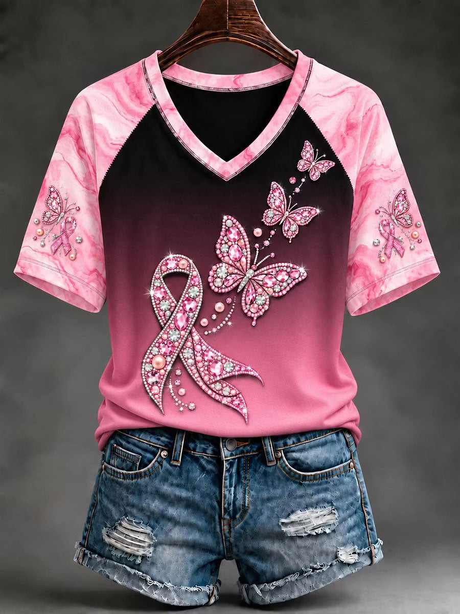 Kvinders brystkræft Bevidsthed Butterfly Print V-hals T-shirt