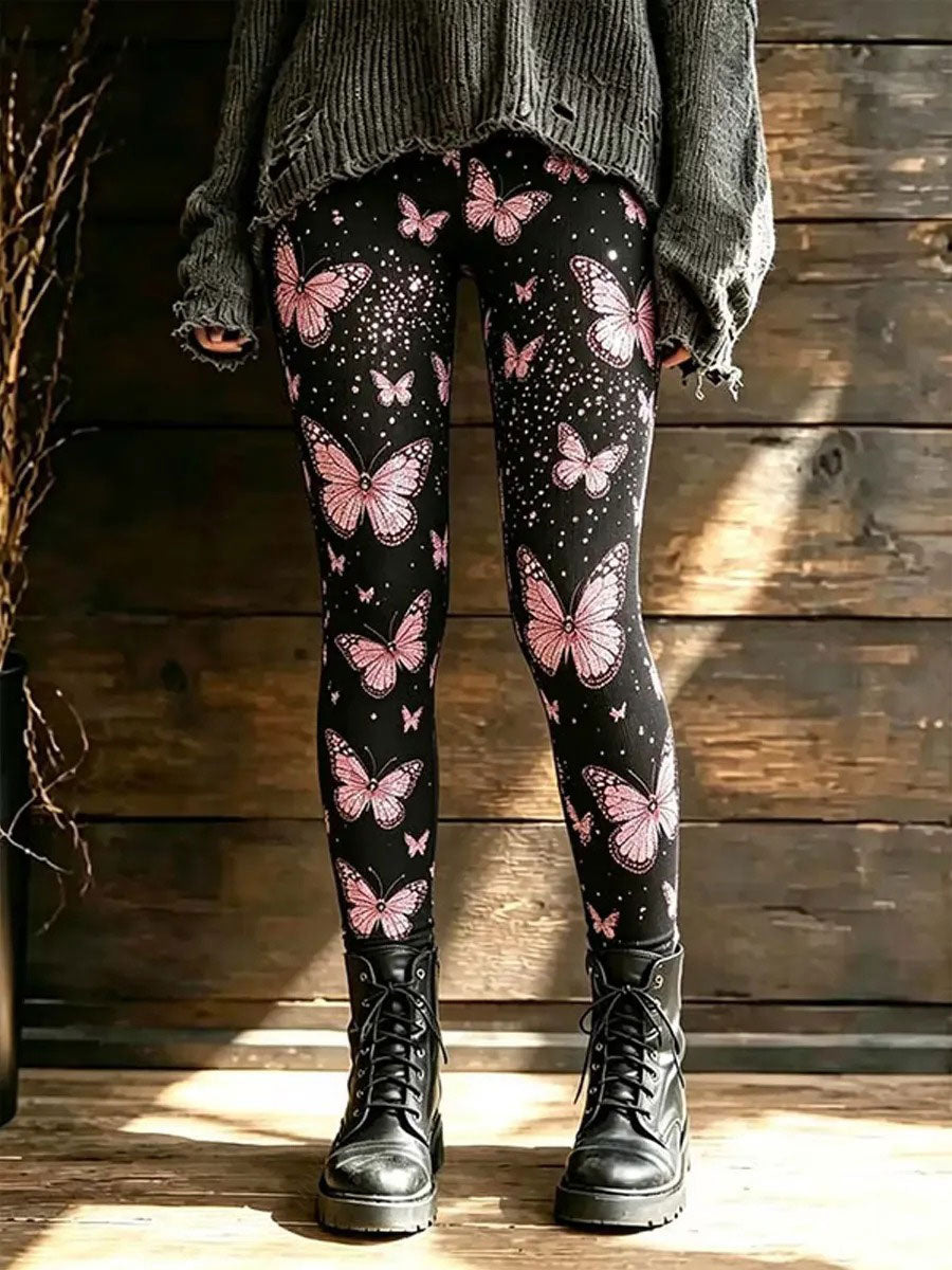 Kvinders brystkræft Bevidsthed Butterfly Print Velvet Leggings