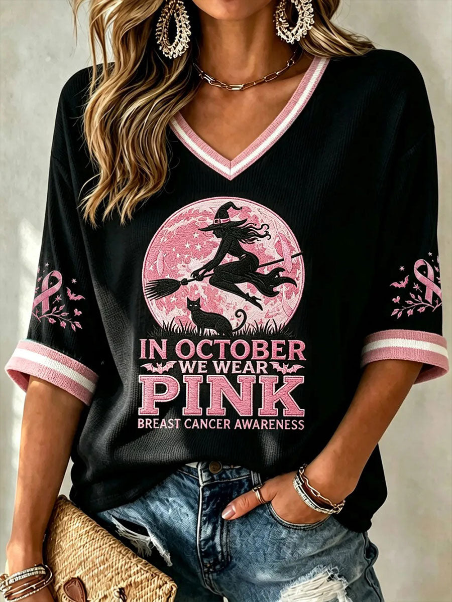 Kvinder I oktober vi bærer Pink Print Waffle T-shirt