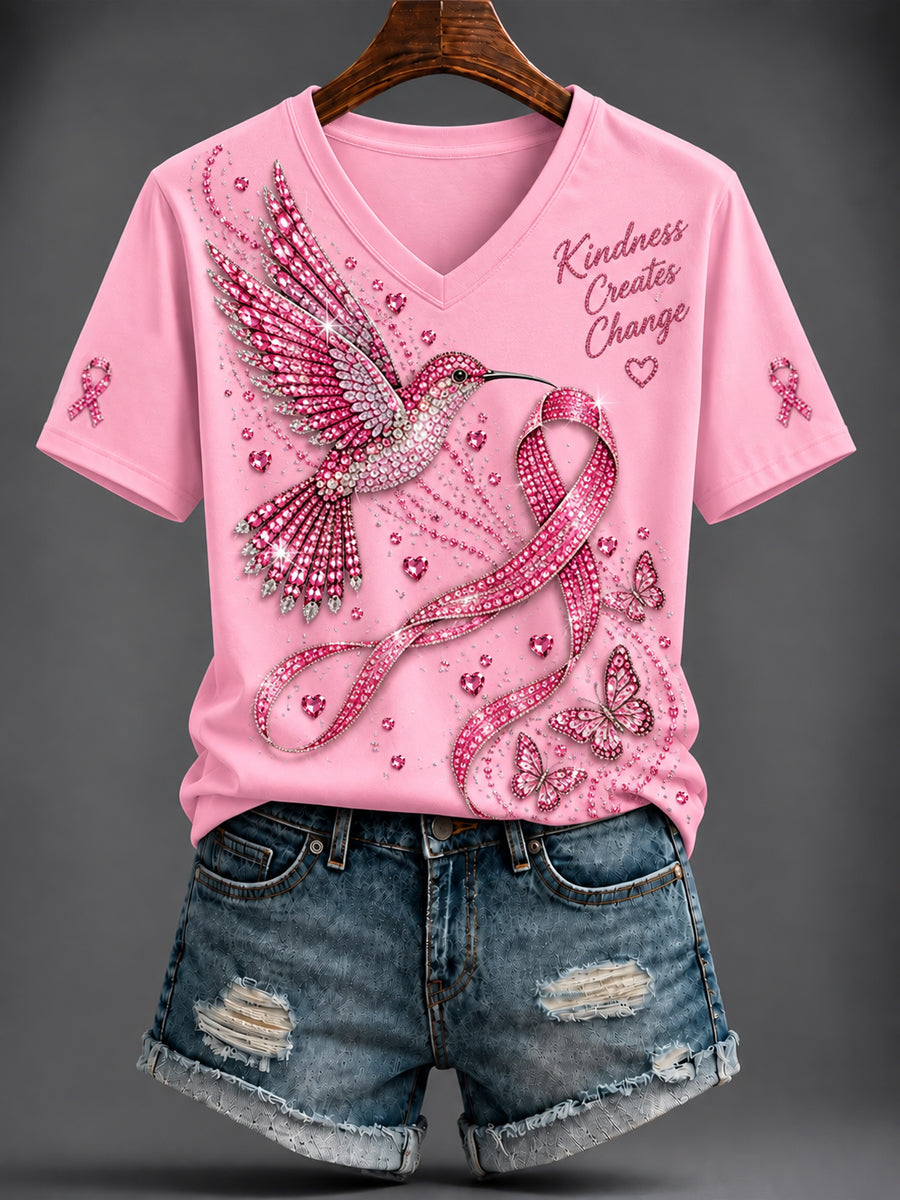 Kvinders brystkræft Pink Printed V-hals T-shirt