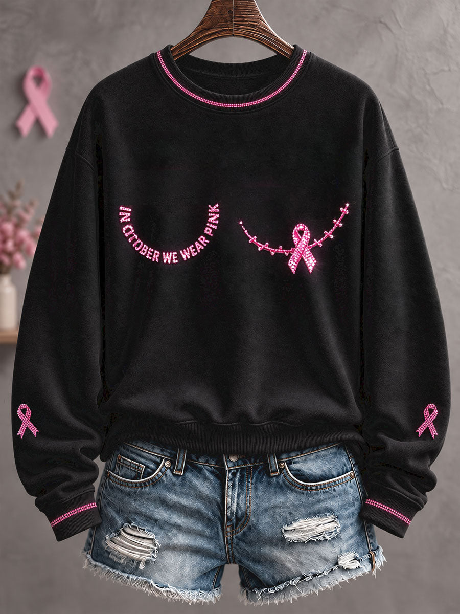 Blomsterkunstprintet sweatshirt til kvinder med budskab om brystkræftbevidsthed