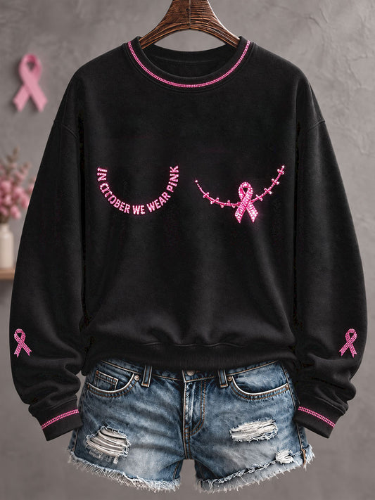 Blomsterkunstprintet sweatshirt til kvinder med budskab om brystkræftbevidsthed