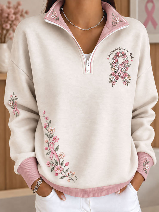 Blomsterkunstprintet sweatshirt til kvinder med budskab om brystkræftbevidsthed