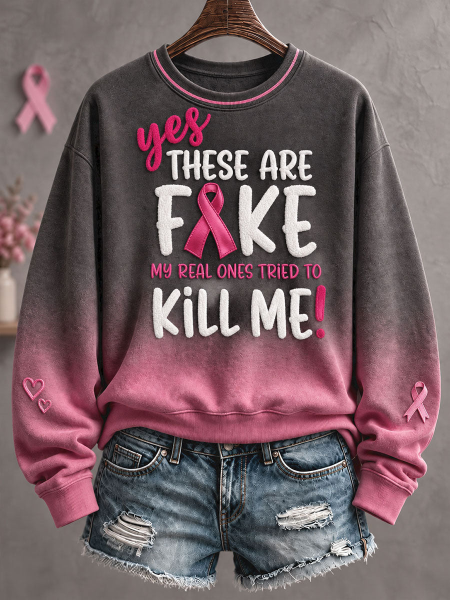 Blomsterkunstprintet sweatshirt til kvinder med budskab om brystkræftbevidsthed