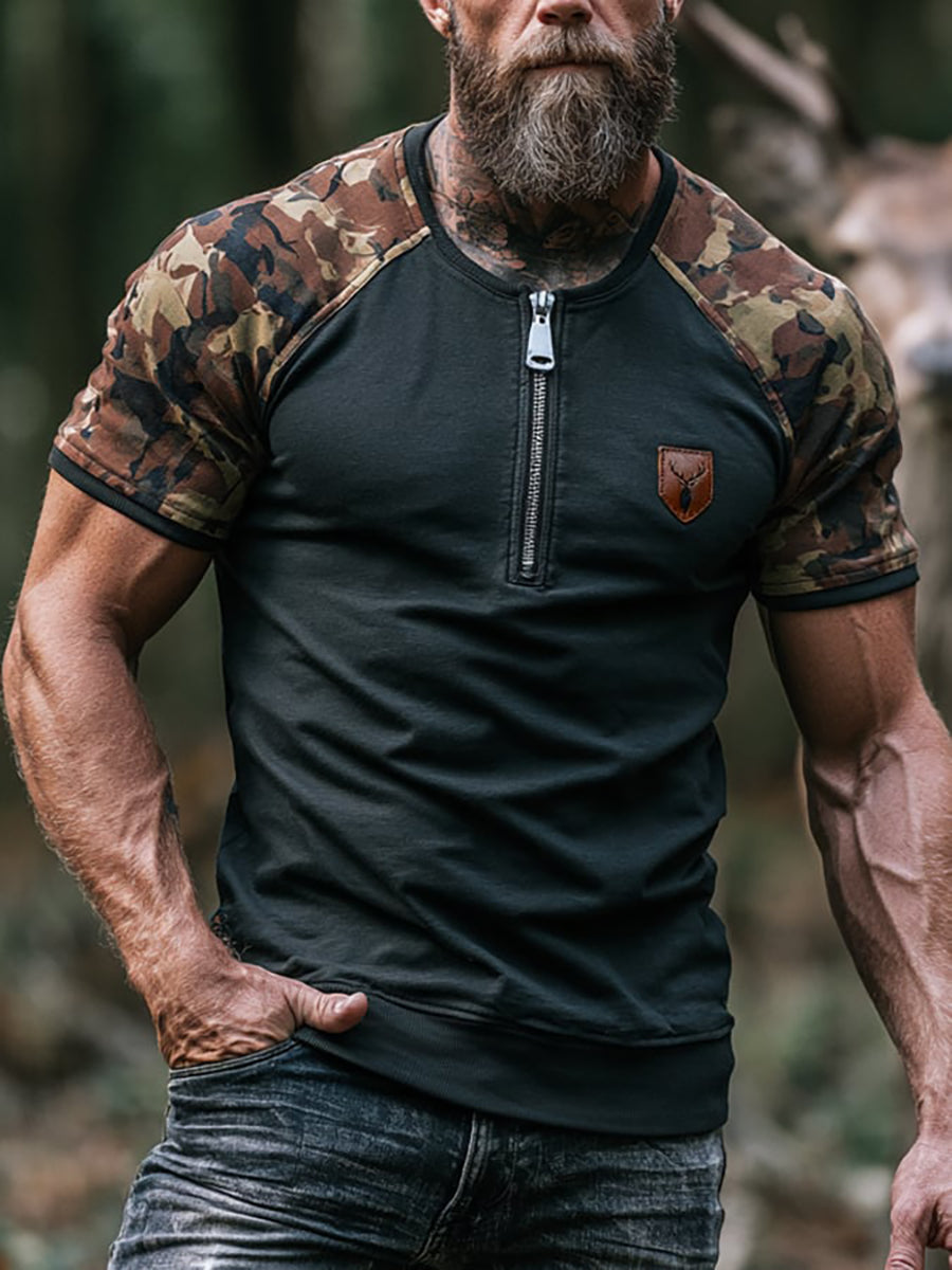 Mænds Retro farve-Block Camo Print Half-Zip besætning hals korte ærme T-shirt