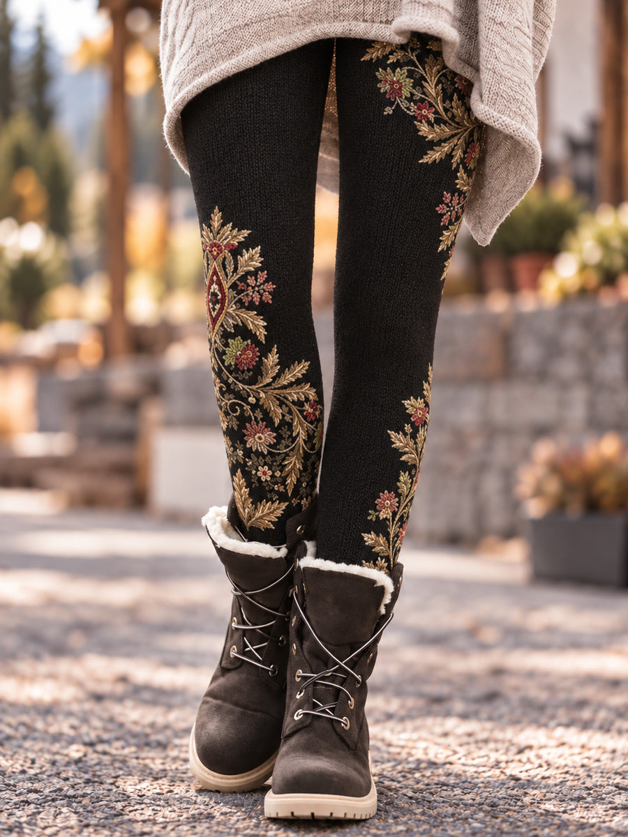 Kvinders Retro Vinter Kunstneriske Blomster Leggings