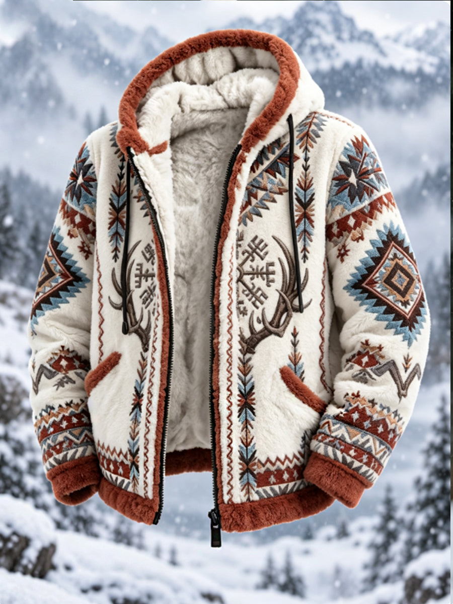 Mænds Vintage Nordic-stil Aztec hjort hoved tyk flannel jakken
