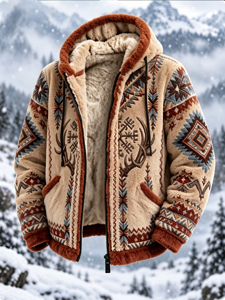 Mænds Vintage Nordic-stil Aztec hjort hoved tyk flannel jakken