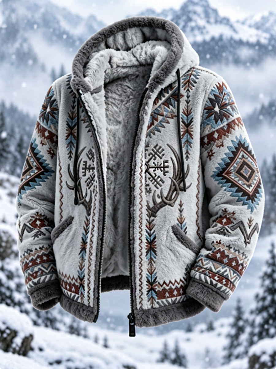 Mænds Vintage Nordic-stil Aztec hjort hoved tyk flannel jakken