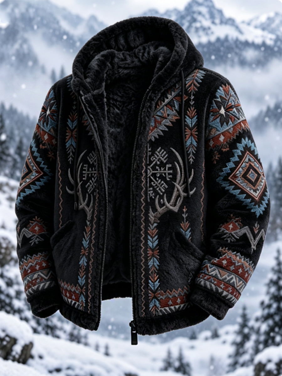 Mænds Vintage Nordic-stil Aztec hjort hoved tyk flannel jakken